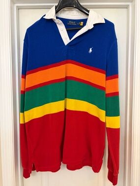 Polo Ralph Lauren Sapphire Rainbow Multicolor Striped Rugby Shirt Men’s Large